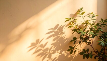 A botanical scene bathed in sunlight, featuring vibrant green leaves and their elongated shadows against a warm, textured wall
