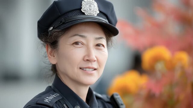 Asian Policewoman Smiling Gently Guarding City Peace