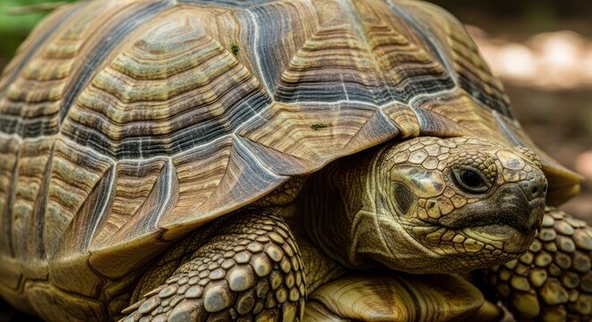Detailed close-up of a majestic tortoise resting in its natural habitat