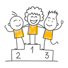 Stick figures. A fun illustration reflecting the joy of winning as three characters stand on a victory podium.