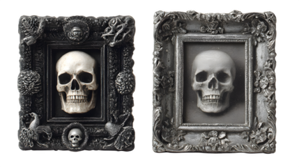Antique Halloween picture frames with spooky details, isolated on white background
