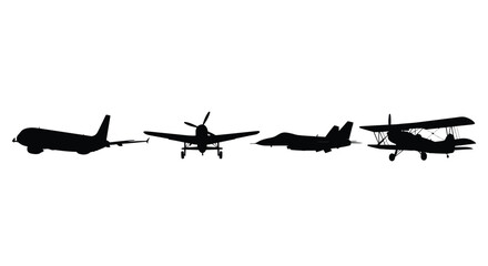 Diverse aircraft silhouettes collection diverse airplane collection featuring jet fighter propeller plane biplane airliner vector
