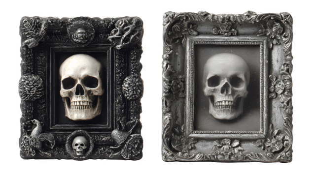 Antique Halloween picture frames with spooky details, isolated on white background