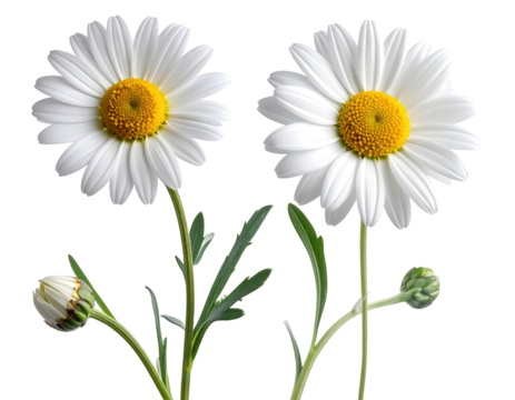 Two white daisies with yellow centers, on dark background