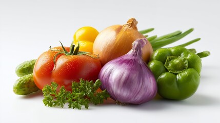 Fresh, healthy vegetables and spices like onion, garlic, and red pepper on a clean white background