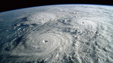 Three powerful hurricanes swirling over the ocean viewed from space Earth's curvature visible