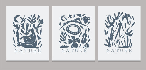 Modern abstract style poster set with nature inspired shapes