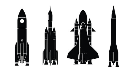 Collection of silhouetted rocket ships and space shuttles ready for launch vector