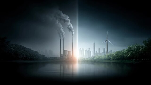 Cityscape of Traditional Energy and Wind Power Coexistence