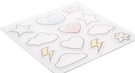 Sheet of cute stickers with hearts and clouds isolated on transparent background