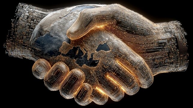 Global partnership handshake symbolizing digital connection and worldwide business collaboration with intricate technology circuits and glowing lights