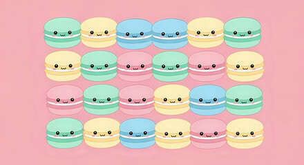 Obraz premium Sweeten your project with these adorable, pastel-colored macarons featuring cute kawaii faces, perfect for adding a touch of whimsy and charm to any design, bringing joy and sweetness