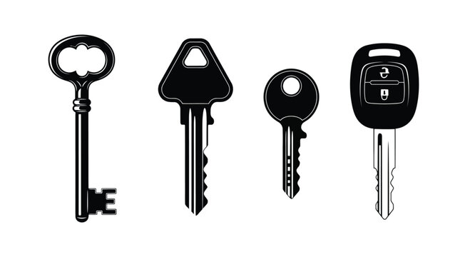 Collection of four distinct keys security access and old fashioned house keys symbolizing options vector