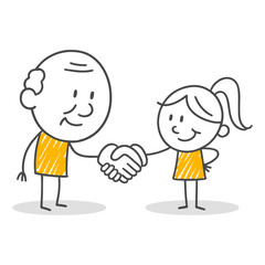 Stick figures. A friendly handshake scene symbolizing intergenerational understanding and mutual respect.
