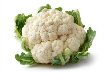 A single, whole cauliflower, off-white with green leaves, sits against a stark white backdrop.  Its florets are tightly clustered, appearing fresh and firm