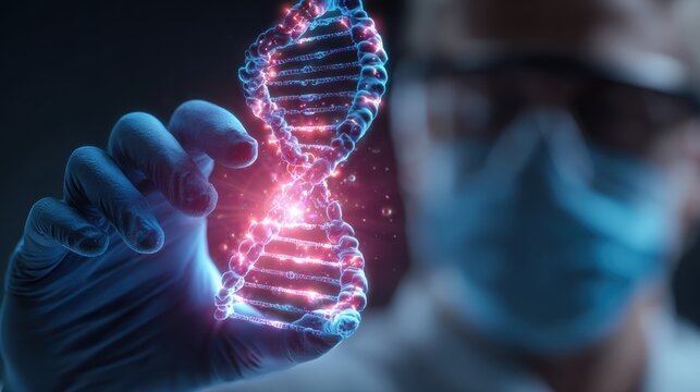 Scientist holding a glowing DNA strand