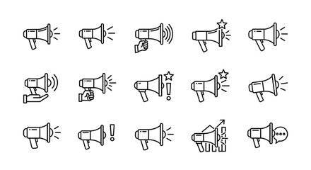 Collection of hand-drawn megaphone icons signaling announcements and promotions diverse designs vector