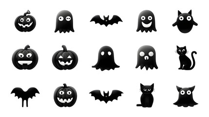 Black Halloween icons set of ghosts, pumpkins, bats, and cats, isolated on white background
