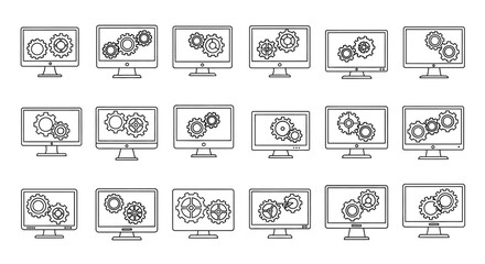 Set of computer monitors displaying gears and mechanical components for technology concepts vector
