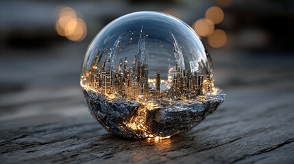 Captivating crystal sphere showcases a miniature, illuminated city skyline, symbolizing future urban development and innovation with a futuristic glow.