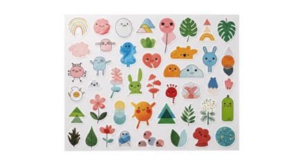 Cute cartoon sticker set with various characters isolated on transparent background