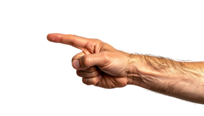 Close-up of a hand, pointing right, against black background