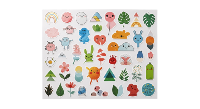 Cute cartoon sticker set with various characters isolated on transparent background