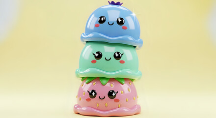Whimsical stack of kawaii dessert scoops strawberry mint blueberry treat, perfect for branding, social media, or delightful invitations, adding a touch of sweetness and fun