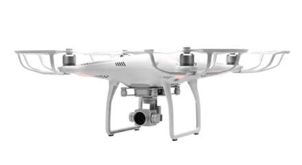 White drone with camera and propellers isolated on transparent background