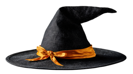 Black witch hat with orange band and pointed tip, isolated on white background