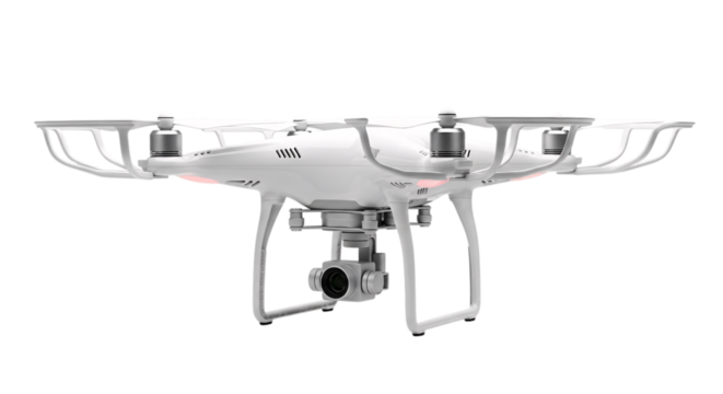 White drone with camera and propellers isolated on transparent background