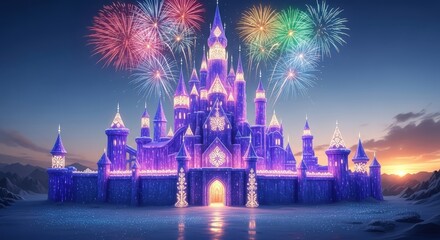 Naklejka premium Stunning Fairy Tale Castle Amidst Colorful Fireworks Display in Magical Winter Landscape