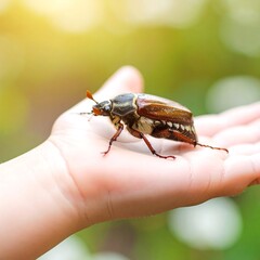 A large beetle rests on a child's hand