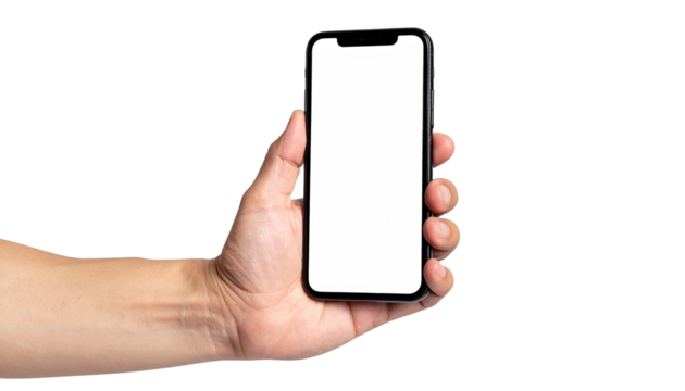 Hand holding a black smartphone with a blank white screen (2)