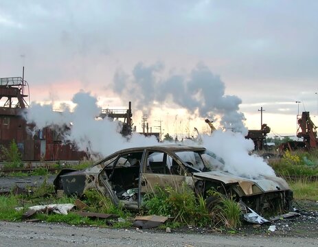 Abandoned car in a smoky industrial wasteland