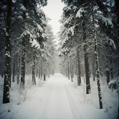 Fototapeta premium A snow covered forest pathway lined with tall trees creates a peaceful atmosphere during the Christmas season. The serene setting invites quiet reflection and holiday joy Generative AI