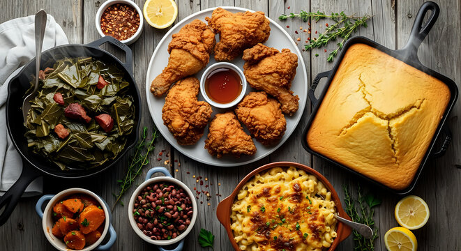 Savor Southern Comfort Food Fried Chicken, Cornbread, Mac and Cheese, and Collard Greens for a Hearty Feast Perfect for Family Gatherings and Holiday Celebrations, a Delicious Meal
