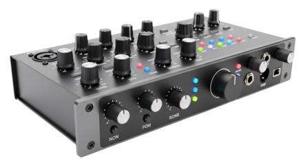 Audio interface with knobs and lights isolated on transparent background