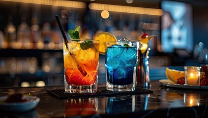 Obraz premium Two vibrant cocktails, one orange and red, the other blue, sit on a dark bar top with garnishes and ice. The blurry background suggests a lively bar setting