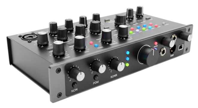 Audio interface with knobs and lights isolated on transparent background - Powered by Adobe