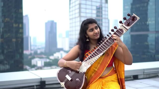 A vibrant aerial view of a female musician in a traditional sari playing an electric sitar on a rooftop overlooking a modern skyline