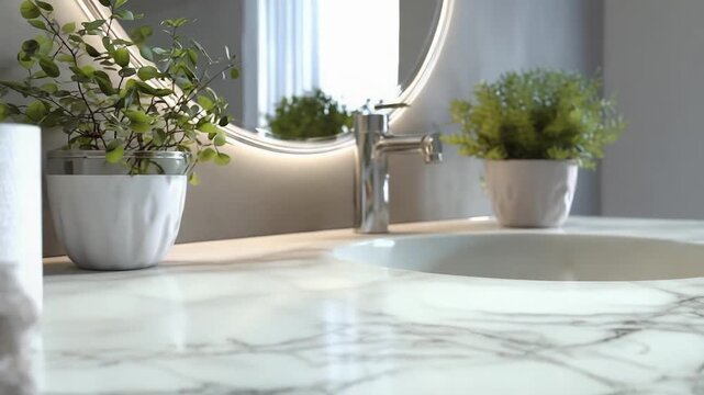 A bathroom vanity with a marble countertop, a rolled towel, white pots with green plants, and a round backlit mirror above the sink.