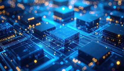 Abstract technological background with glowing microchips and circuit boards design
