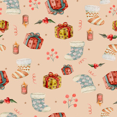 Seamless Christmas pattern with watercolor gifts, branches, candles, Christmas tree, baubles and shining stars on peach pastel background for festive holiday design