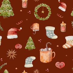 Seamless Christmas watercolor pattern with gifts, branches, candles, Christmas tree, ornaments and stars on burgundy red background for holiday and winter festive design