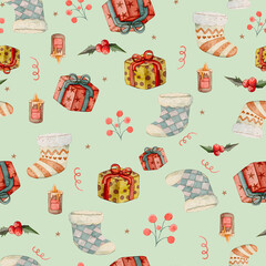 Watercolor seamless Christmas pattern with presents, pine branches, candles, Christmas tree, baubles and festive stars on mint green background for holiday decoration