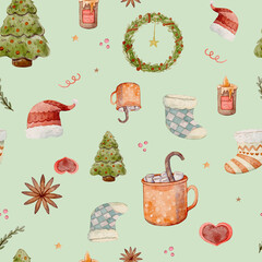 Watercolor seamless Christmas pattern with presents, pine branches, candles, Christmas tree, baubles and festive stars on mint green background for holiday decoration