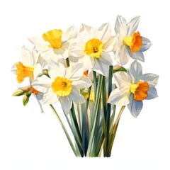 The illustration shows a cluster of daffodils with white petals and yellow-orange centers, some buds are also visible.