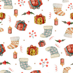 Watercolor Christmas seamless pattern with gifts, pine branches, candles, tree, ornaments and festive stars on transparent background PNG for winter holiday decoration