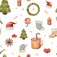 Watercolor Christmas seamless pattern with gifts, pine branches, candles, tree, ornaments and festive stars on transparent background PNG for winter holiday decoration